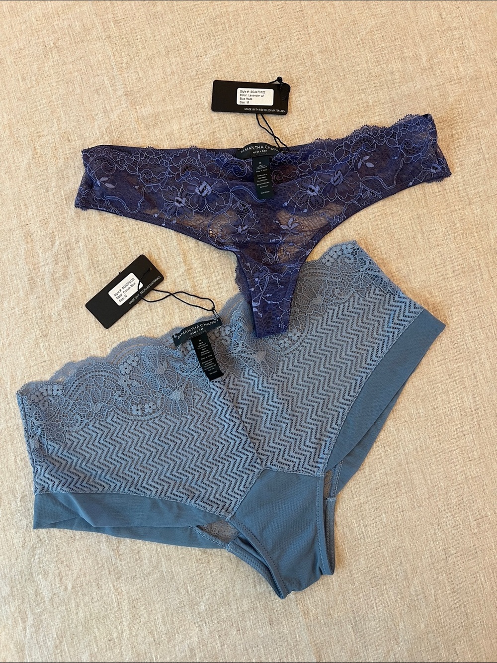 Samantha Chang Purple & Slate Blue Lace Thong and Hipster Brief Set. Size M. NWT